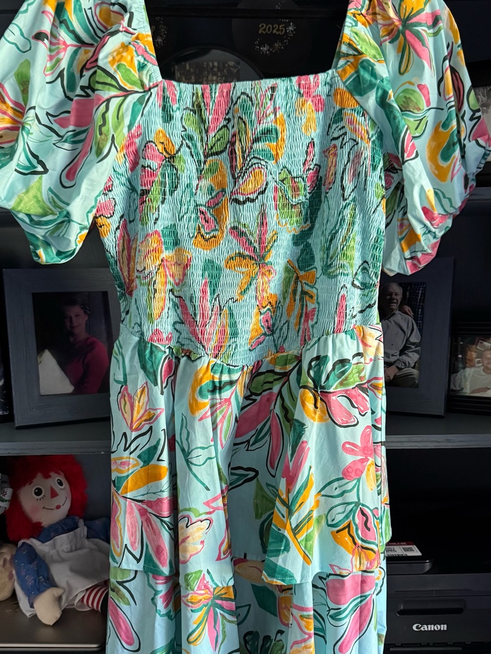 Easel NWT Floral Puff Sleeve Mint, Pink & Yellow Midi Dress